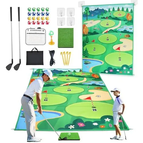 Produktbild: Mytrix Golf Chipping Game Mat, 178 cm x 120 cm Golf-Übungsmatten für drinnen und draußen, Spiele für Erwachsene und Kinder, Golf-Trainingsset mit 20 Klebebällen als Geschenk