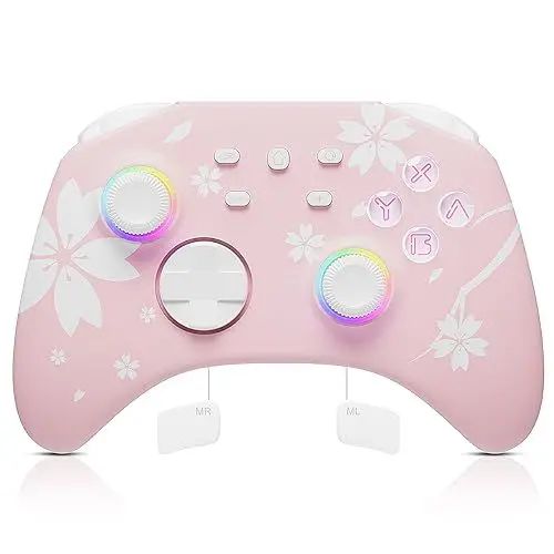 Produktbild: Mytrix Wireless Controller für Switch/Switch Lite/Switch OLED, Switch Pro Controller mit Weckfunktion, Kopfhöreranschluss, Turbo, Bewegungskontrolle, Einstellbare Vibration, LED-Lichter, Sakura Rosa