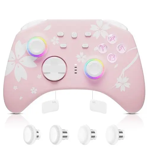 Produktbild: Mytrix Wireless Pro Controllers with Hall Effect Joysticks/Hall Trigger (No Drift),Sakura RGB Bluetooth Controller for Nintendo Switch, Windows PC iOS Android Steam with 2 Pairs Joystick Replacement