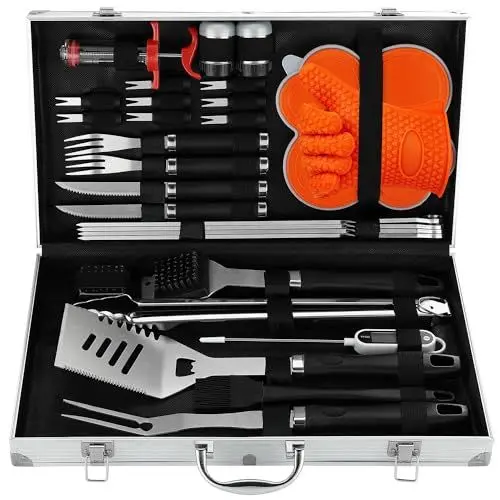 Produktbild: N NOBLE FAMILY 30PCS Hochwertiges Edelstahl Grill Zubehör Set - Professionelle Langlebige Grillset im Koffer - Verschiedene und Komplette Grill Sets - Grillzubehör für Männer Frauen Geschenk