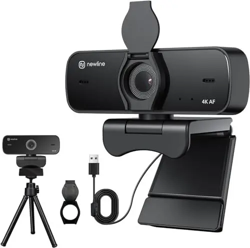Produktbild: N newline PC Webcam 4k/30fps mit 2 Mikrofonen mit Rauschunterdrückung, Autofokus, Lichtkorrektur, mit Privacy Shutter und Stativ, USB 2.0 UHD Webcam für PC Mac Desktop Skype Streaming
