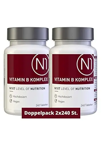 Produktbild: N1 Vitamin B Komplex hochdosiert - 480 vegane Tabletten - nur 1x tgl. - 8 Monats-Vorrat - alle 8 B Vitamine in einer Tablette - beste Bioverfügbarkeit