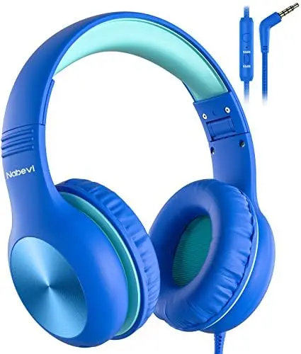 Produktbild: Nabevi Kinder Kopfhörer, Kopfhörer Kinder mit Kabel, 85/94dB Lautstärkegrenze, HD-Ton, Sharing-Funktion, Over-Ear Verstellbare Faltbare Kinderkopfhörer mit Mikrofon für Schule/Reise/PC/iPad, Blau