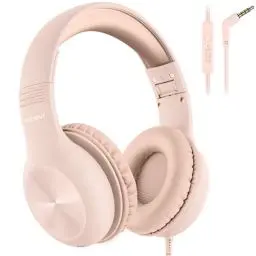 Produktbild: Nabevi Kopfhörer Kinder, Kinder Kopfhörer mit Kabel, 85/94dB Lautstärkegrenze, HD-Stereoton, Sharing-Funktion, Faltbare Over-Ear Kinderkopfhörer mit Mikrofon für Schule/Reise/Tablet/iPad, Sand Rosa