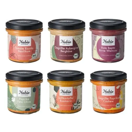 Produktbild: NABIO | Mediterrane Aufstriche und Dips nehmen dich mit auf eine Reise auf die Vorspeisenteller des Südens. 3 x veganer Aufstrich, 3 x vegetarischer Aufstrich (6 x 135g)