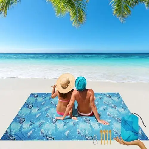 Produktbild: NABIYE Stranddecke, 220 * 200cm wasserdichte sanddichte Picknickdecke für 3-5 Erwachsene, übergroße leichte Haifisch Strandmatte, große & kompakte Picknickmatte für Reisen, Camping, Wandern, Strand