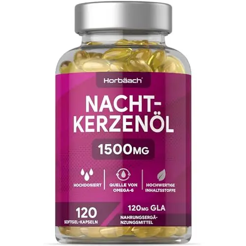 Produktbild: Nachtkerzenöl Kapseln Hochdosiert 1500mg | 120 Evening Primrose Oil Softgel Capsules | mit Omega 6 und GLA | By Horbaach