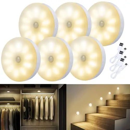 Produktbild: Nachtlicht Mit Bewegungsmelder - Dimmbares Treppenbeleuchtung Bewegungsmelder Innen Batterie, 10 LED Aufladbar USB für Schrankbeleuchtung, Kinderzimmer, Flur, Schlafzimmer, Küche & Schrank, 6 Stück