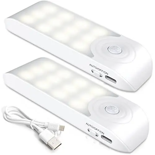 Produktbild: Nachtlicht mit Bewegungsmelder, (2 Stück) 24LED Aufladbar USB Schranklicht mit 3 Modi(Auto/ON/OFF), Nachtlampe Schranklichtfür Kinderzimmer, Flur, Küche, Nachttisch, Treppe, Garage Beige, Eisen Metall
