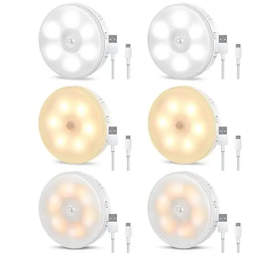 Produktbild: Tailcas Nachtlicht mit Bewegungsmelder, 4 Modi led Bewegungslicht mit Batterie, USB Wiederaufladbar, Schrankbeleuchtung Treppenbeleuchtung, für Kinderzimmer Schlafzimmer Küche Flur Treppen, 6 Stück