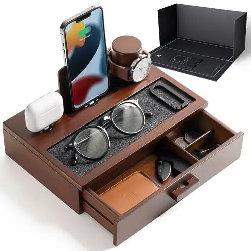 Produktbild: Nachttisch-Organizer für Männer – Telefon-Dockingstation aus Holz zum Aufladen Ihres Telefons und Ihrer Ohrhörer – Ladestation aus Holz mit gefüttertem Tablett und Schublade