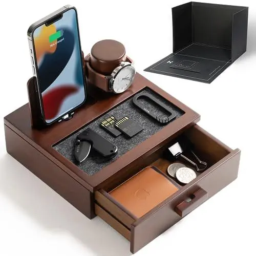 Produktbild: Nachttisch-Organizer für Männer – Telefon-Dockingstation aus Holz zum Aufladen Ihres Telefons und zum Organisieren Ihrer Uhr und Accessoires