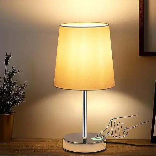 Produktbild: Nachttischlampe Touch, COOLWEST Led Nachttischlampe, Tischlampe Touch für Schlafzimmer, Wohnzimmer, Kinderzimmer, Deko, Geschenk, Metallbasis & Leinen Lampenschirm Grau, Einschließlich Glühbirnen