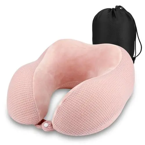 Produktbild: Gowkeey Nackenkissen Flugzeug, Reisekissen Auto aus Memory Foam, NackenhöRnchen Erwachsene mit Tasche, KopfstüTze, Travel Pillow, ideal für Flugzeugstuhl, Auto, Zuhause, Büro(Rosa)