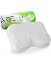 Produktbild: Nackenstützkissen Recovery mit pflegendem Aloe Vera Kissen-Bezug | HWS-Kopfkissen für aktive Hautpflege | Ergonomischer Visco-Schaum mit Bambus-Aktivkohle | Ideal für Allergiker | Gratis Reisetasche