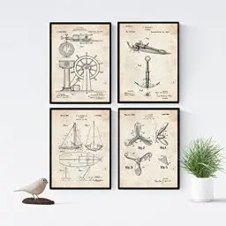 Produktbild: Nacnic 4 poster mit boot patenten | posterset mit erfindungen und alten werkzeugen | bilder von ruder, anker, segelboot und schiffsschraube | größe a4.