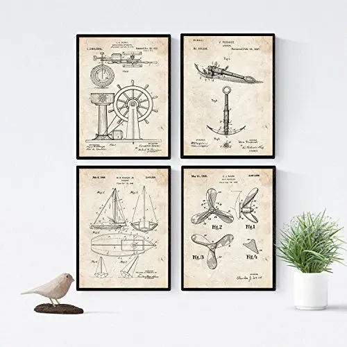 Produktbild: Nacnic 4 poster mit boot patenten | posterset mit erfindungen und alten werkzeugen | bilder von ruder, anker, segelboot und schiffsschraube | größe a4.