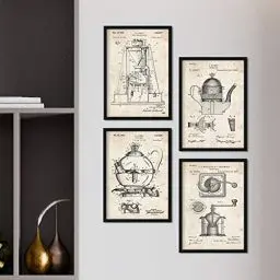 Produktbild: Nacnic Kaffeemaschine Patent Poster 4er-Set. Vintage Stil Wanddekoration Abbildung von Haushaltsgeräte und Alte Erfindungen. Verschiedene wohnliche Küche Bilder ohne Rahmen. Größe A4.
