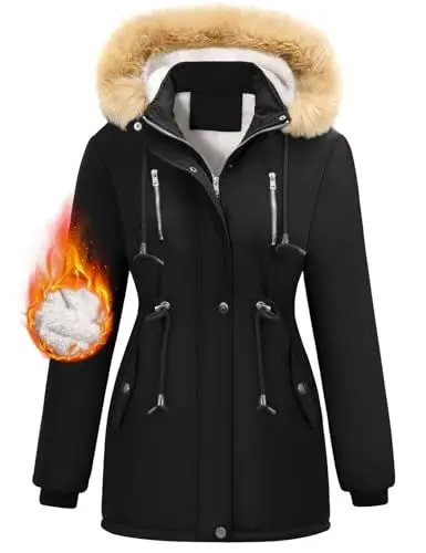 Produktbild: Nadeer Parka Damen Lang Mantel Gefüttert Winterjacke Wintermantel mit Abnehmbar Kapuze und Taschen Warm Winterparka(Schwarz,S)