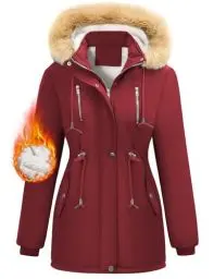 Produktbild: Nadeer Parka Damen Lang Mantel Gefüttert Winterjacke Wintermantel mit Abnehmbar Kapuze und Taschen Warm Winterparka(Weinrot,XXL)