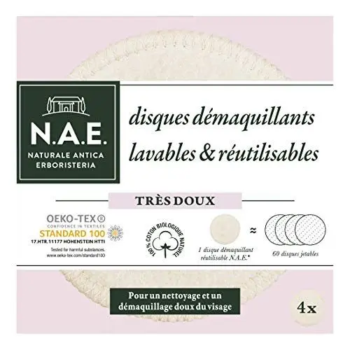 Produktbild: N.A.E. - Waschbare Abschminkpads für das Gesicht – wiederverwendbare Wattepads – für eine sanfte Reinigung des Gesichts – Öko-Tex – 100% natürliche Bio-Baumwolle – recycelbare Verpackung – 4 Scheiben