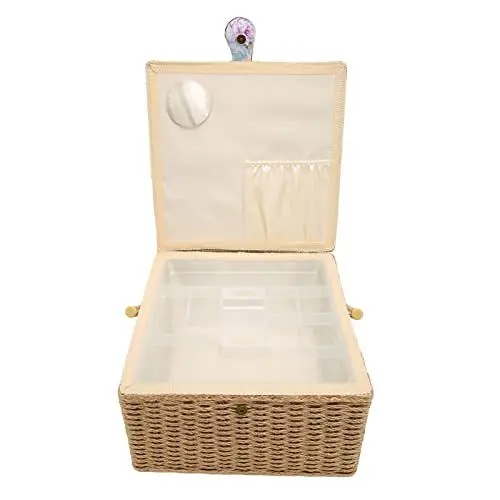 Produktbild: Nähkorb, Große Kapazität, Tragbare Nähaufbewahrungsbox mit Tablett für Zuhause und Reisen, Holz/Stoff