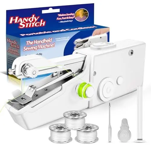 Produktbild: Handnähmaschine mit Unterfaden, Tragbare Mini Nähmaschine mit Zubehör, Hand Nähmaschine für Anfänger Zuhause DIY Nähen Kleidung Vorhänge Basteln