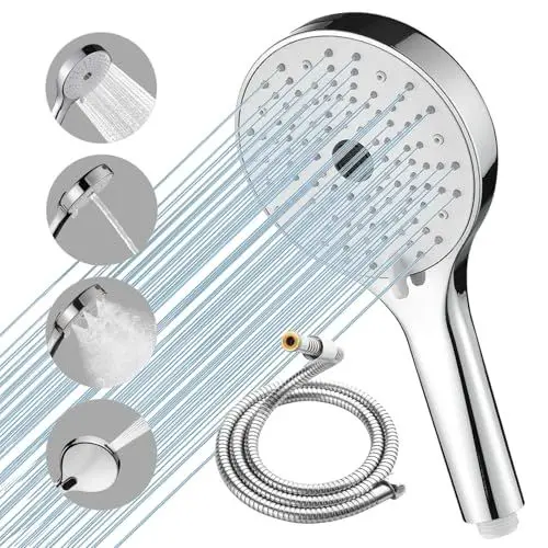 Produktbild: Nafall Duschkopf mit Schlauch - Hochdruck Duschkopf Groß (⌀ 130 mm) mit Kräftiger Strahlfunktion, Runde brausekopf dusche, duschbrause mit 1.5m schlauch mit 4 Strahlarten