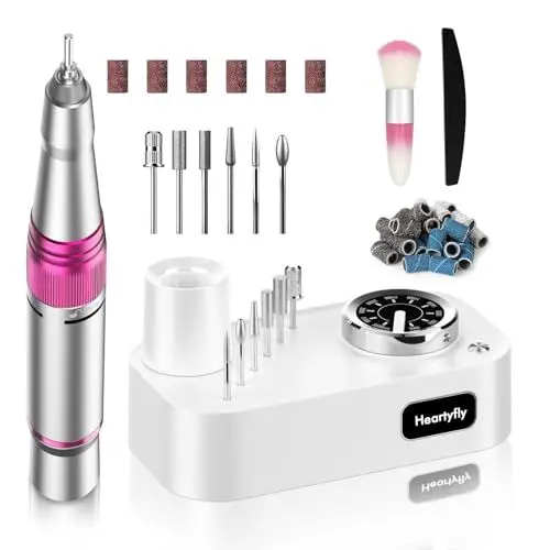 Produktbild: Nagelfräser, Heartyfly Elektrische Nagelfeile für Gelnägel, DIY-Maniküre-/ Pediküre-Set mit 6 Bits, 36Schleifbänder und LED Lampe, 30000RPM und einstellbarer Geschwindigkeit