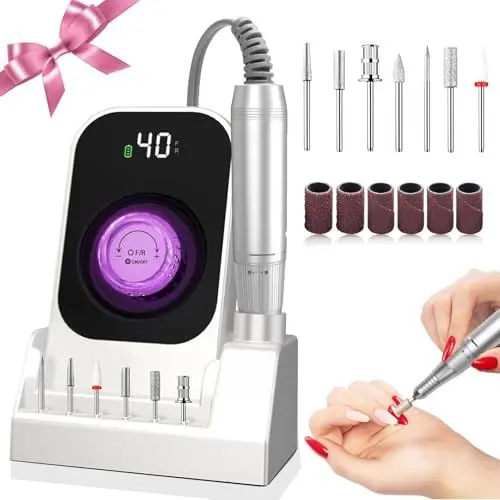 Produktbild: Nagelfräser für Gelnägel, 40000U/Min Nagelfräser Professionell Aufladung Elektrische Nagelfeile Maniküre Elektrische Nail Drill Set mit 7 Nagelfräser Bits, Zu Hause und Im Salon (Reinweiß)