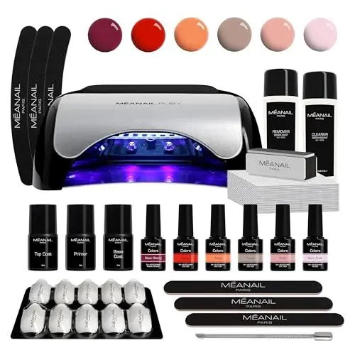 Produktbild: MEANAIL Paris – Französische Marke – Maniküre-Set – komplett – semi-permanenter Nagellack – LED-Lampe – 6 Nagellack – 1 Base Top Coat – 1 Primer – Ruby Set