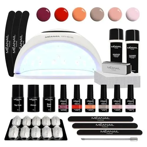 Produktbild: Nagelstudio Set komplett • Meanail® Paris Sphere • Maniküre Starter Kit • 1 LED Lampe• 6x UV GEL semipermanenter Nagellack • Nagelfeile • inkl. Primer Base Top • Entferner • Shellac • Vegan