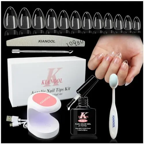 Produktbild: Nageltips and Glue Gel Kit, 552 Stück Full Cover Nail Tips Almond, Gel X Acryl Nagelset, 5 In 1 Nagelkleber Nail Kit mit Mini UV Lampe für Nägel, Soft Tips für Gelnägel