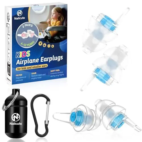 Produktbild: Naiicute Fly Ohrstöpsel Kinder(6–12 J.) – 2Paar Ohrenstöpsel erleichtern den Druckausgleich, Wiederverwendbare Silikon Ohrenstöpsel für Flug, Reise, Konzentration, Konzert, Schlafen -25dB Lärmdämmung