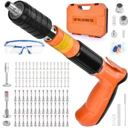 Produktbild: Nail Gun Nagelpistole mit 130 Stück Nagel,65 Stück Rundnägel,65 Stück M8-Gewindenägel,Stahlnagelpistole Werkzeug zum Nageln mit Handschuhen Schlüssel für Brillen Ohrstöpsel