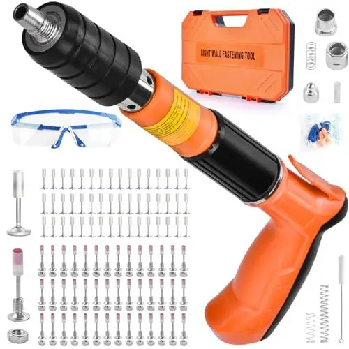 Produktbild: Nail Gun Nagelpistole mit 130 Stück Nagel,65 Stück Rundnägel,65 Stück M8-Gewindenägel,Stahlnagelpistole Werkzeug zum Nageln mit Handschuhen Schlüssel für Brillen Ohrstöpsel