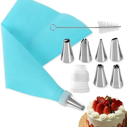 Produktbild: Naiocase Spritzbeutel mit Tüllen 9 Stück, Spritztüllen Set, Silikon Spritzbeutel 30cm - 6 Professionelle Edelstahl Spritztüllen für Cupcakes, Torten Dekorieren, Kuchen