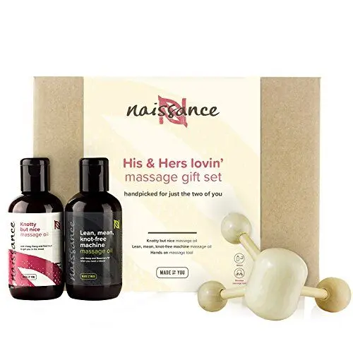 Produktbild: Naissance His & Hers Lovin Massageöl Geschenk Set für Frauen & Männer - Sinnliches Wärmendes Körperöl und Holzmassager Geschenkset - Entspannung, Massage & Hautpflege für Partnermassage