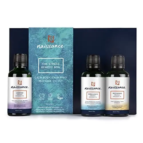 Produktbild: Naissance The Stress Remedy Box Geschenk Set mit 3 Verjüngenden Bio Vegan Massageölen - Stressabbau, Entspannung Gelenkschmerzen für Frauen & Männer
