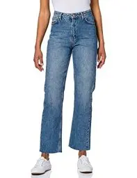 Produktbild: NA-KD Damen Straight High Waist Raw Hem Jeans, Mittelblau, 38 EU