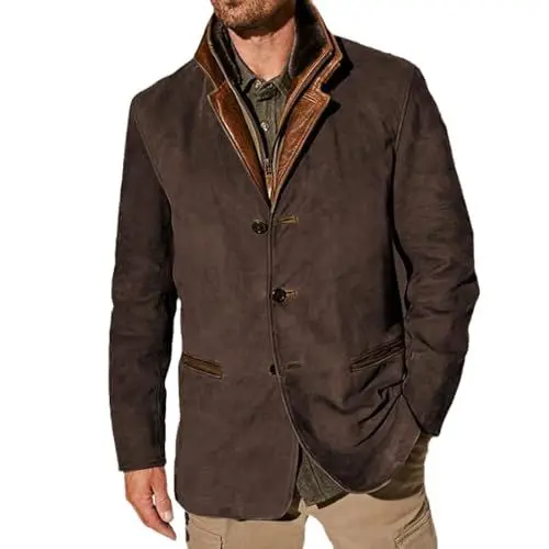 Produktbild: NAKEAH Herren Outdoorjacke Herbst Winter Retro Blazer Doppellagiger Reverspelz Leder Blazer Mantel