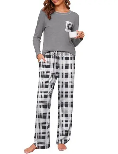 Produktbild: Namatime Pyjama Damen Lang Baumwolle Schlafanzug Kariert Hausanzug Rundausschnitt Winter Schlafanzüge für Damen, Schwarz + Weiß kariert L