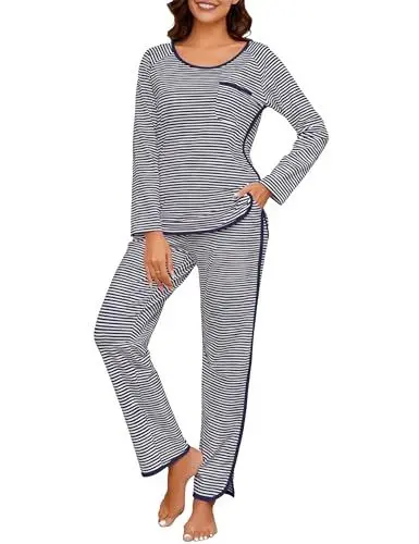 Produktbild: Namatime Schlafanzug Damen Lang Pyjama Baumwolle Langarm Nachtwäsche mit Schlafanzughose Warm Loungewear für Herbst Winter Marine+Weiß S