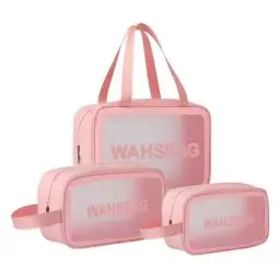 Produktbild: Namenand Kosmetiktasche Transparent 3 Stück, kulturtasche Damen, kulturbeutel Herren, Handgepäck Reise travel Essentials, tragbare Flugzeug PVC Makeup Bag Wasserdicht (Klein, Medium, Groß) - Rosa