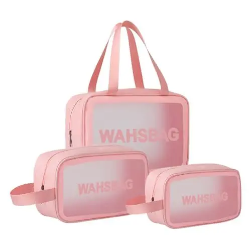 Produktbild: Namenand Kosmetiktasche Transparent 3 Stück, kulturtasche Damen, kulturbeutel Herren, Handgepäck Reise travel Essentials, tragbare Flugzeug PVC Makeup Bag Wasserdicht (Klein, Medium, Groß) - Rosa