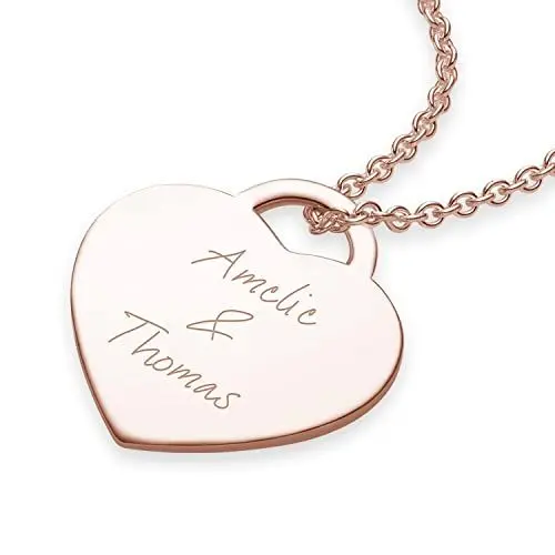 Produktbild: Namenskette Rosegold (Silber 925 vergoldet) Herz-Kette mit Gravur Rose für 2 o. 3 Wunsch-Namen Kinder Mütter Freundin Mädchen Echt-Schmuck Halskette Damen personalisierte individuelle Geschenke