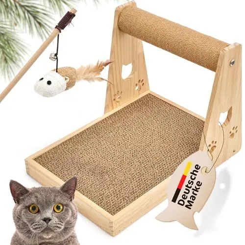 Produktbild: NAMINA Kratzbrett für Katzen - Perfekte Kratzpappe für Katzen mit vielfältigen Kratzmöglichkeiten - Hochwertig und perfekt für Möbelschutz - Mit Spielzeug und Sisalsäule | Katzen kratzbrett