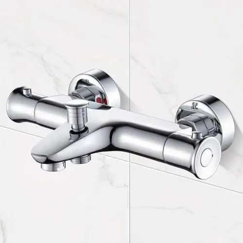 Produktbild: Namuoto Badewannenarmatur Thermostat mit 38° Sicherheitsknopf, Mischbatterie Wasserhahn Badewanne Thermostat aus 59 Messing, 2 Wasserausläufen, Wannenarmatur Chrom
