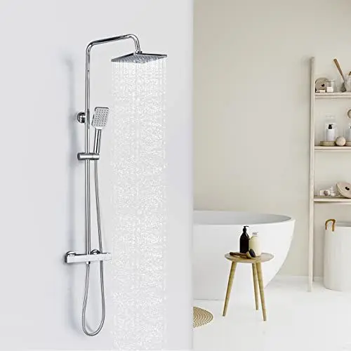 Produktbild: Namuoto Duschsystem mit Duscharmatur Thermostat, Regenduschset mit Kopfbrause und Duschkopf, Duschamaturenset mit Schlauch und HöHeverstellbarer Duschstange Duschsysteme Quadrat, Chrom