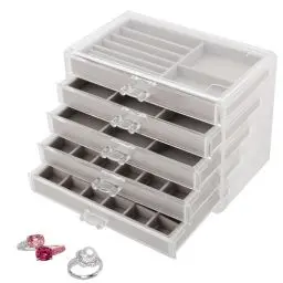 Produktbild: NAMYEUT Klarer Acryl Schmuckkasten mit 5 Schubladen, Transparent Verstellbarer Samt Schmuckaufbewahrung Organizer, Ohrringe Aufbewahrung Box zur Aufbewahrung von Ringen, Ohrringen, Halsketten